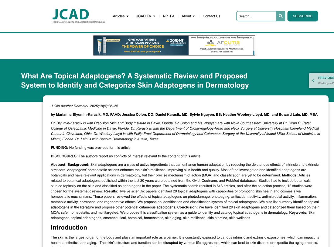 Published Article: What Are Topical Adaptogens? A Systematic Review and Proposed System to Identify and Categorize Skin Adaptogens in Dermatology